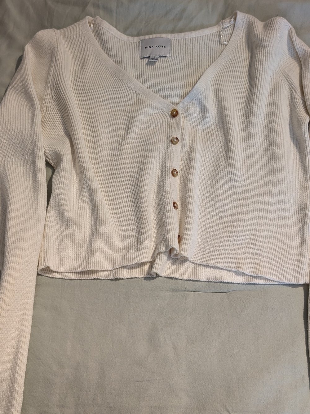 Pink Rose Cream Ribbed V-Neck Button Crop Top